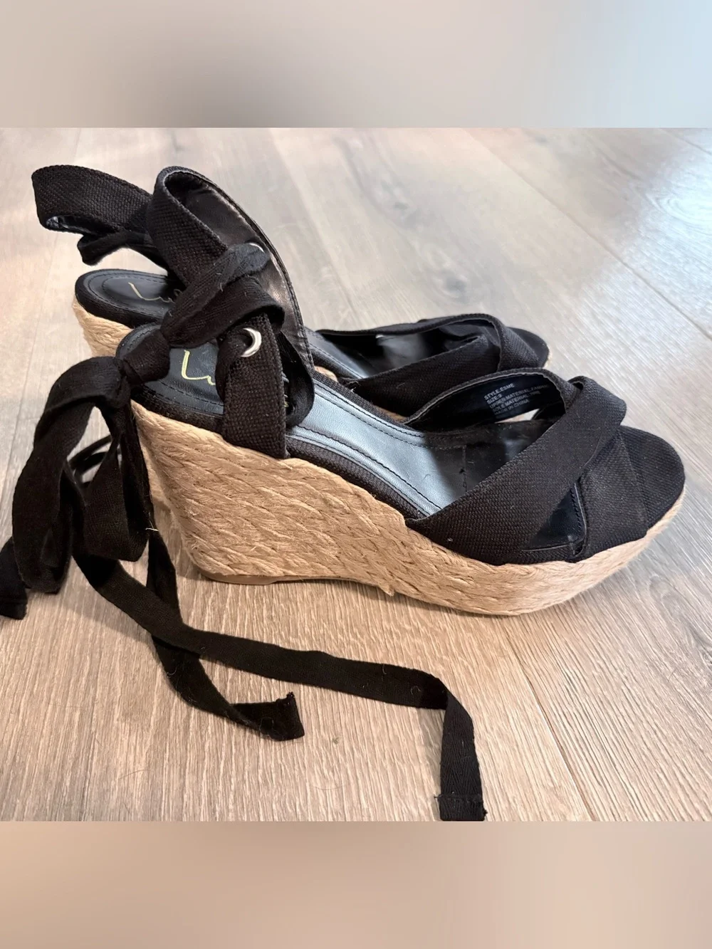 Lulu's Black Canvas Espadrille Wedge Sandals with Ankle Wrap